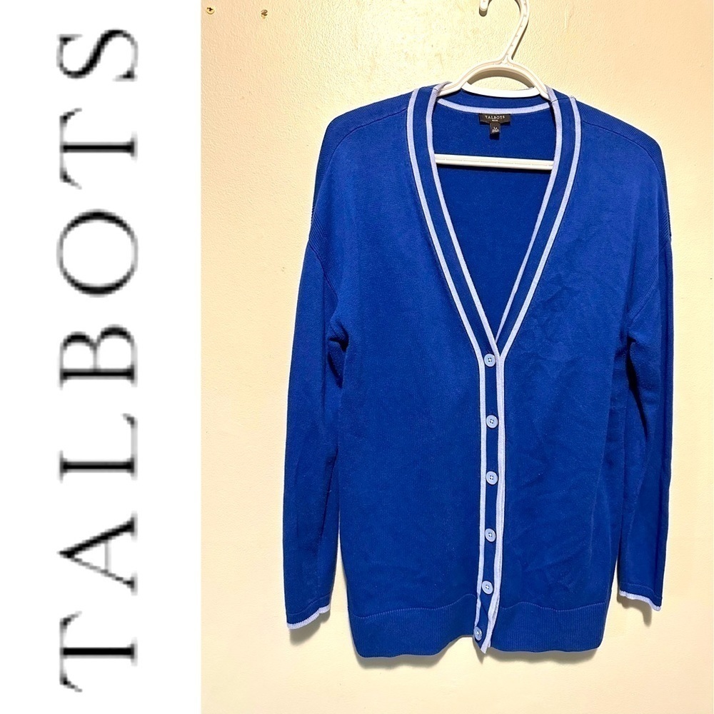 Talbots Blue V-Neck Cardigan button down sweater Petite Large cotton blend